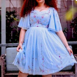 Jessakae Blue Dewdrop Dress – 3X – Flutter Sleeves – Knee Length